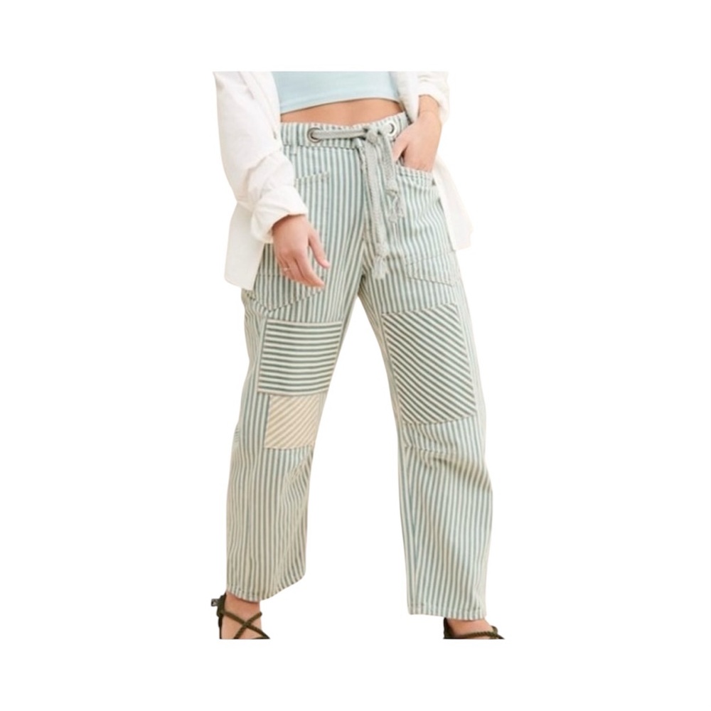 Free People Mint Green Striped Patchwork Jeans